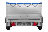 GARDEN TRAILER 264/2 KIPP remorque à deux essieux avec roue jockey, tiges de support, ridelles supplémentaires et bâche plate bleue
