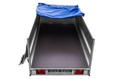 GARDEN TRAILER 264/2 KIPP remorque à deux essieux avec roue jockey, tiges de support, ridelles supplémentaires et bâche plate bleue