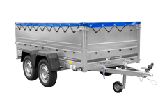 GARDEN TRAILER 264/2 KIPP remorque à deux essieux avec roue jockey, tiges de support, ridelles supplémentaires et bâche plate bleue