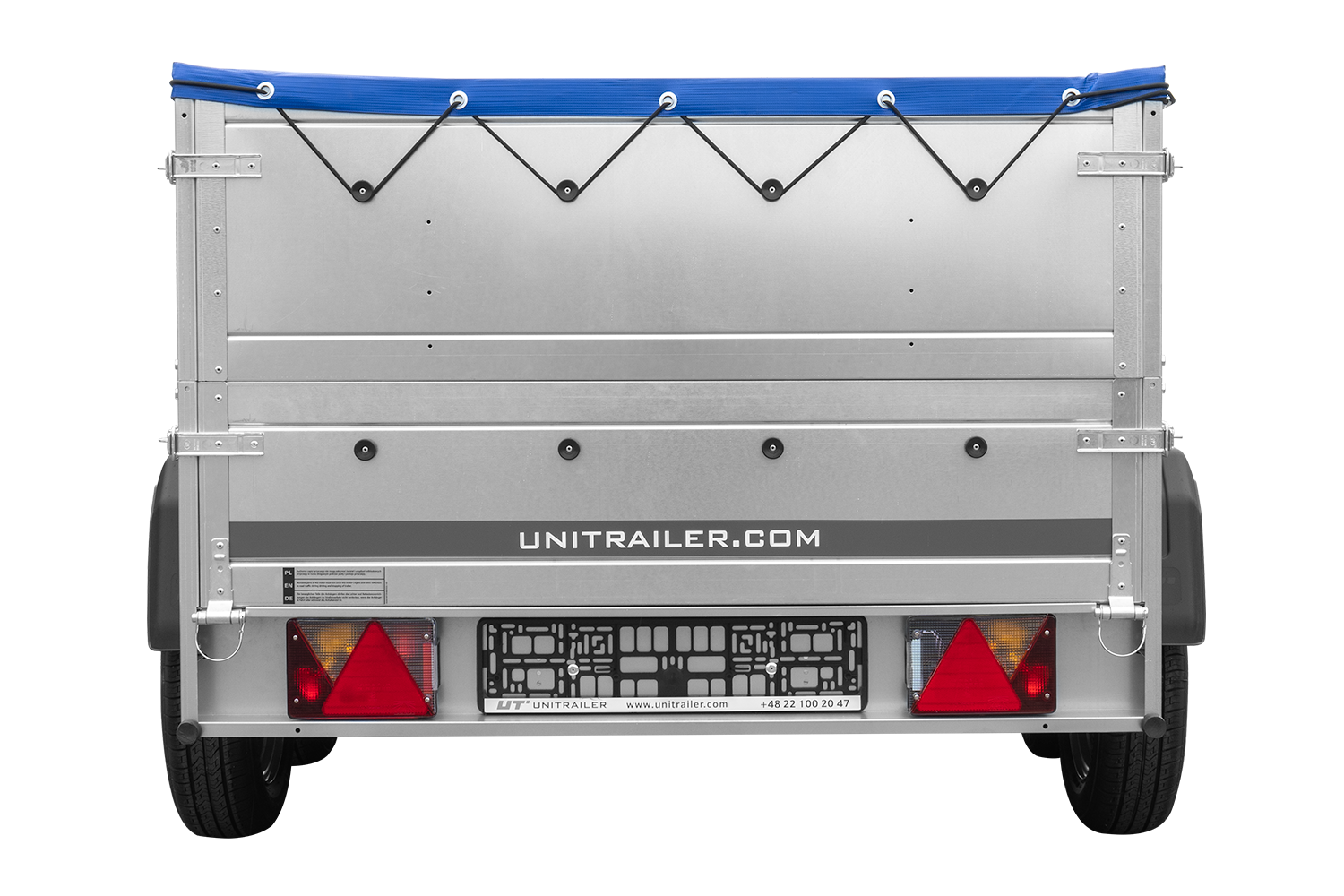 GARDEN TRAILER 264/2 KIPP remorque à deux essieux avec roue jockey, tiges de support, ridelles supplémentaires et bâche plate bleue