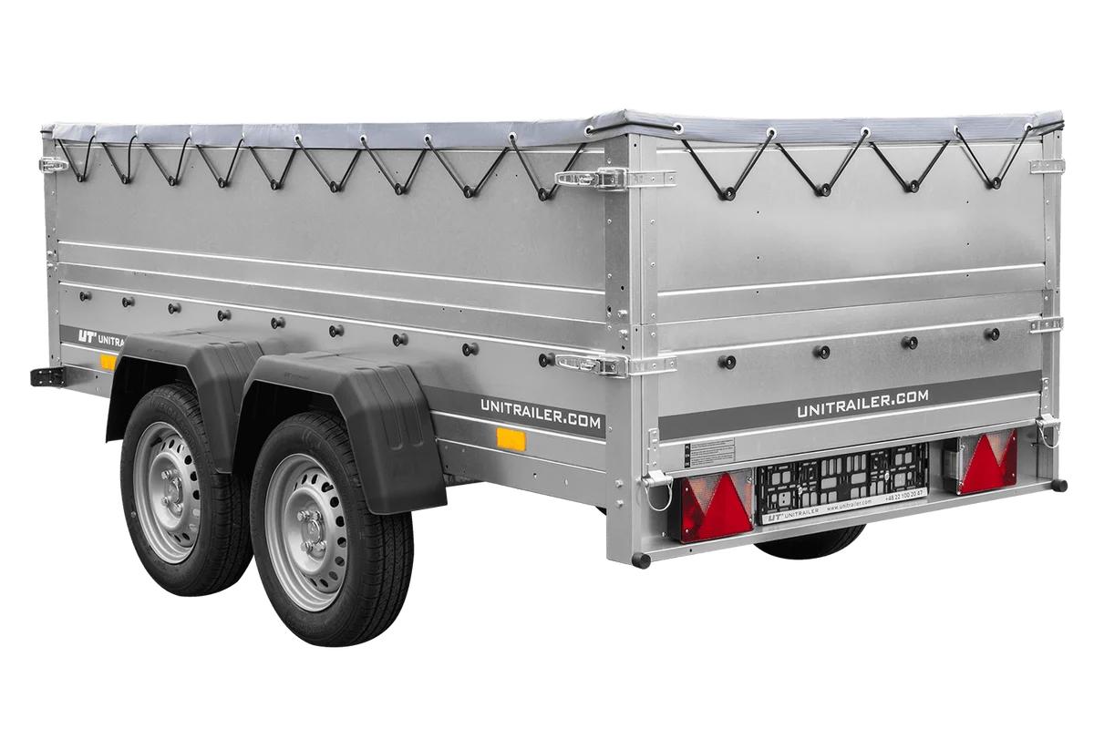 GARDEN TRAILER 264/2 KIPP remorque à deux essieux avec roue jockey, châssis H-0, ridelles BIS et bâche plate grise