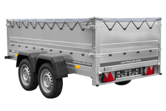 GARDEN TRAILER 264/2 KIPP remorque à deux essieux avec roue jockey, châssis H-0, ridelles BIS et bâche plate grise