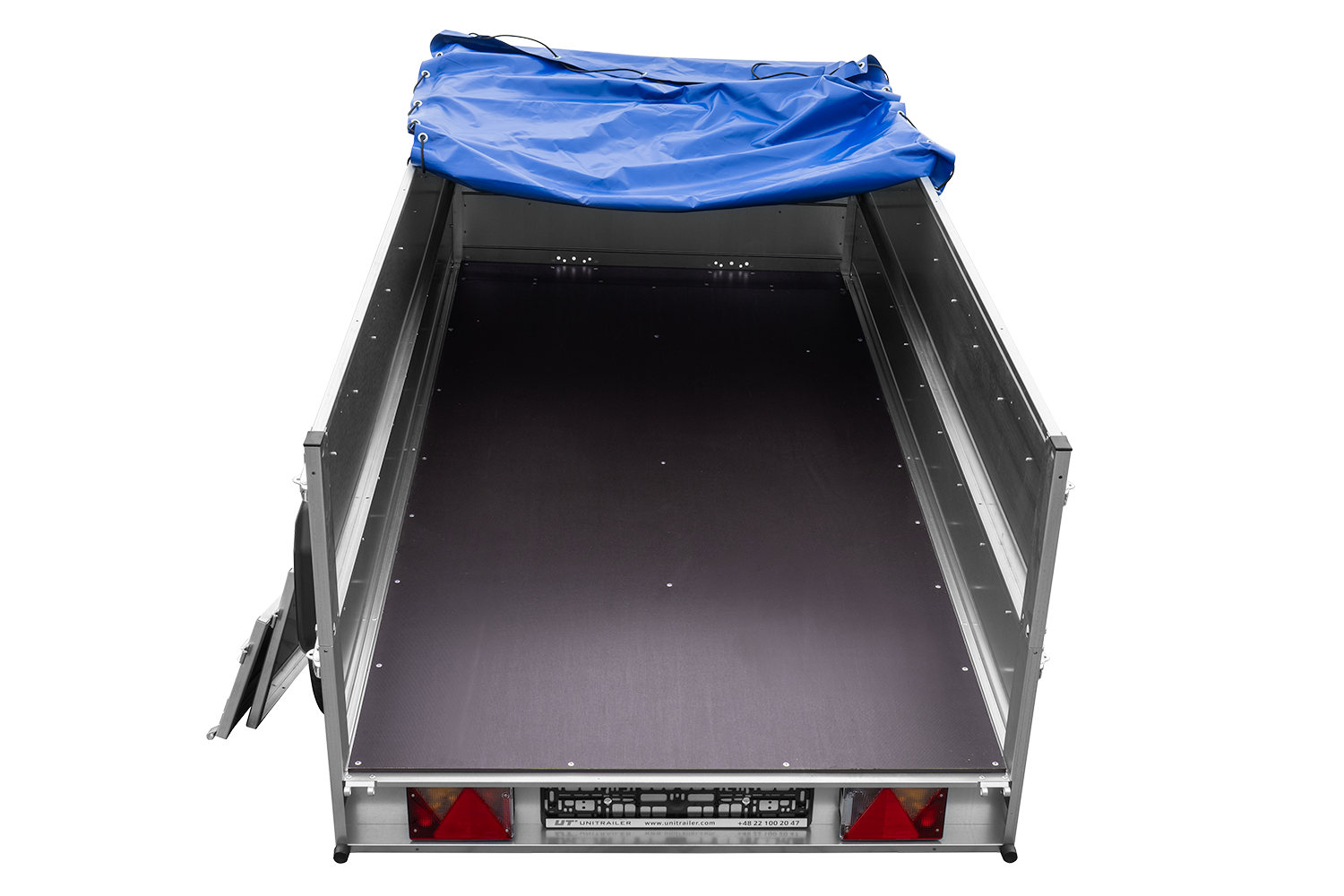 GARDEN TRAILER 264/2 KIPP remorque à deux essieux avec roue jockey, tiges de support, ridelles supplémentaires et bâche plate bleue