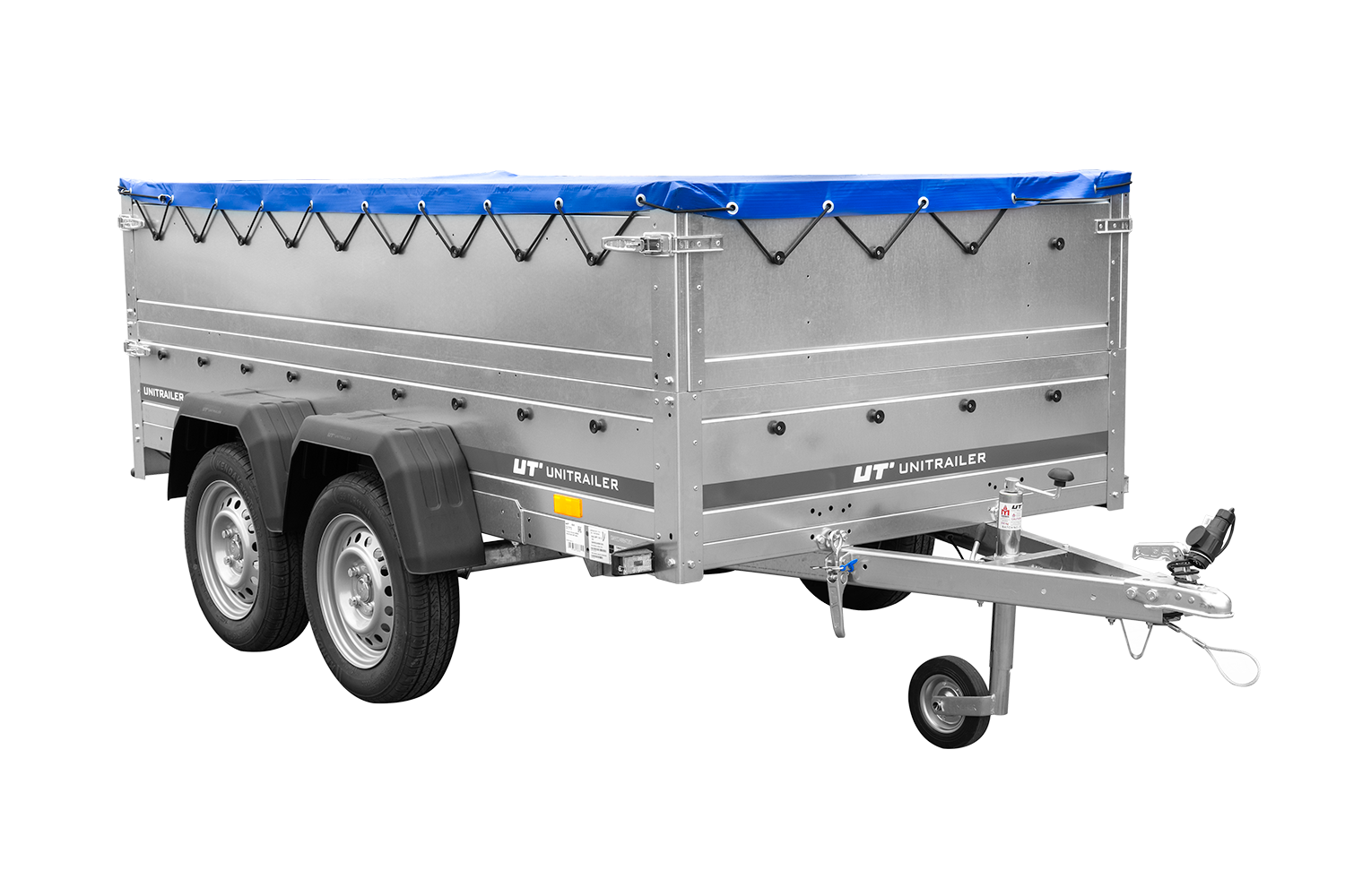 GARDEN TRAILER 264/2 KIPP remorque à deux essieux avec roue jockey, tiges de support, ridelles supplémentaires et bâche plate bleue