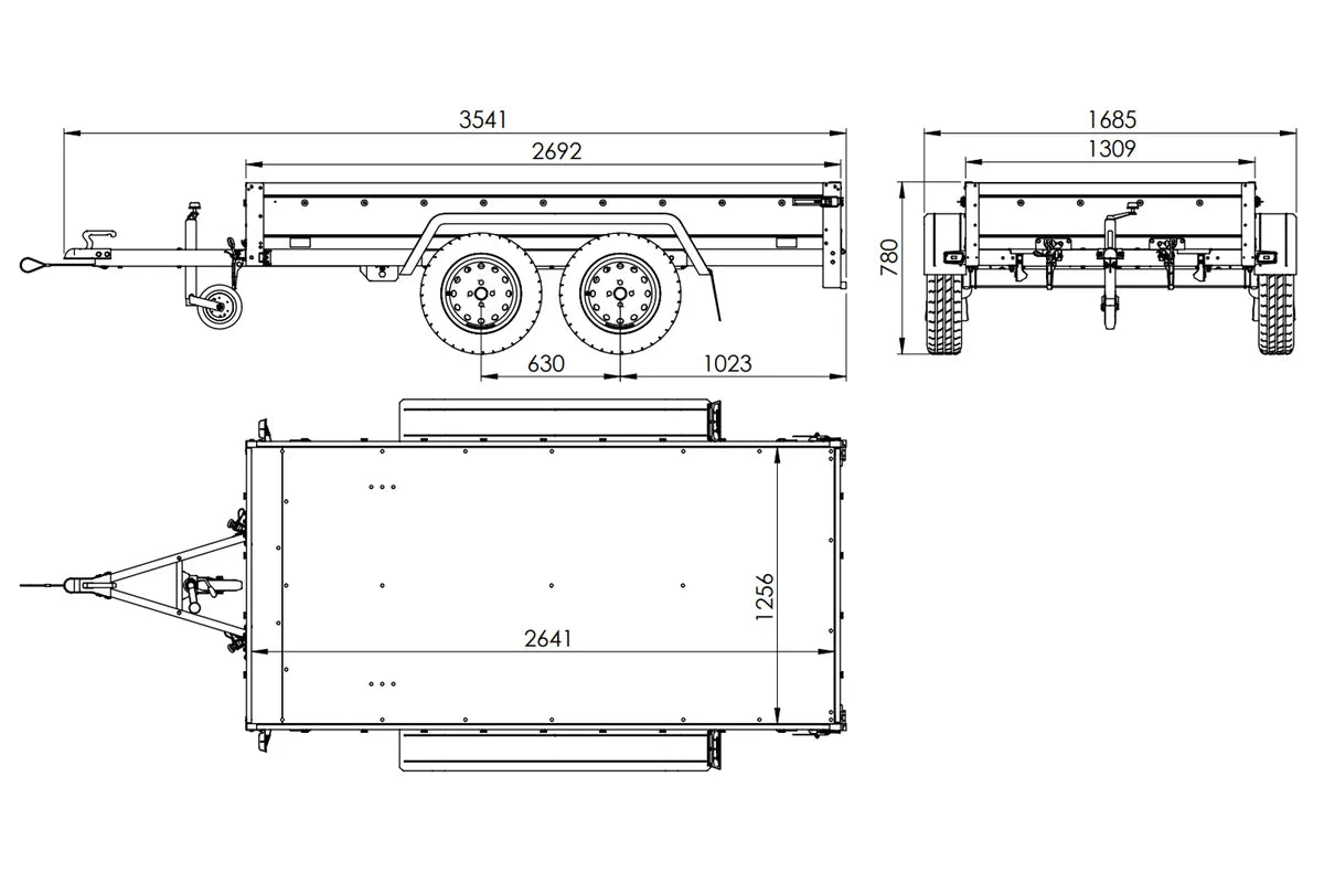 GARDEN TRAILER 264/2 KIPP remorque à deux essieux avec roue jockey, châssis H-0, ridelles BIS et bâche plate grise