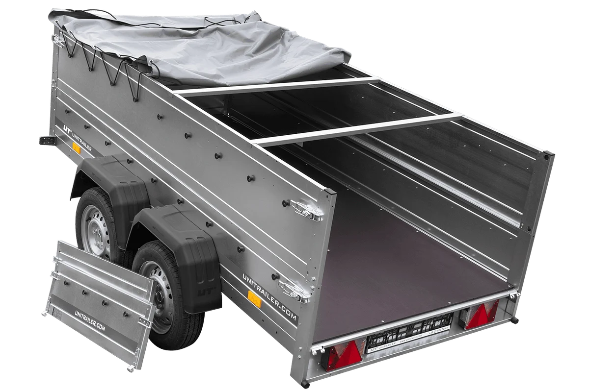 GARDEN TRAILER 264/2 KIPP remorque à deux essieux avec roue jockey, châssis H-0, ridelles BIS et bâche plate grise