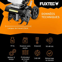 FUXTEC FX-AF152 Fraiseuse agricole, motoculteur - moteur 2 temps et largeur 23 cm, 51,6 ccm, profondeur de fraisage 70mm - seulement 14kg